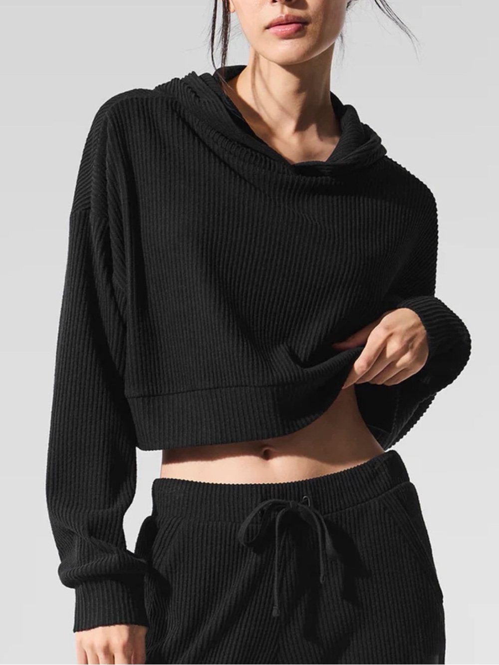 ALO Yoga Black Ribbed Cropped Hoodie Sweater